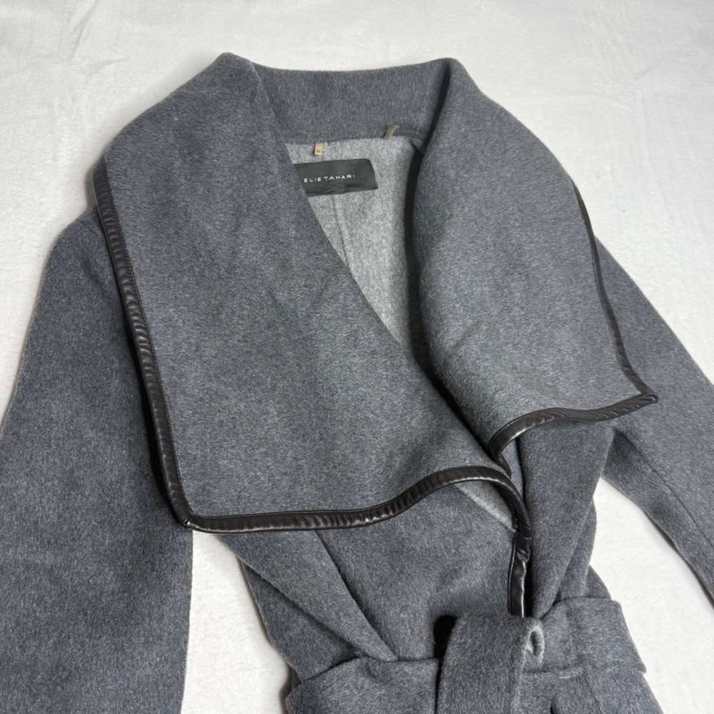 Elie Tahari Wool Blend Wrap Coat Belted Leather Trim Charcoal Gray Women